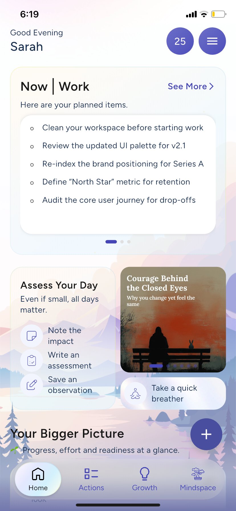 ClarityDo home — your planned items and bigger picture