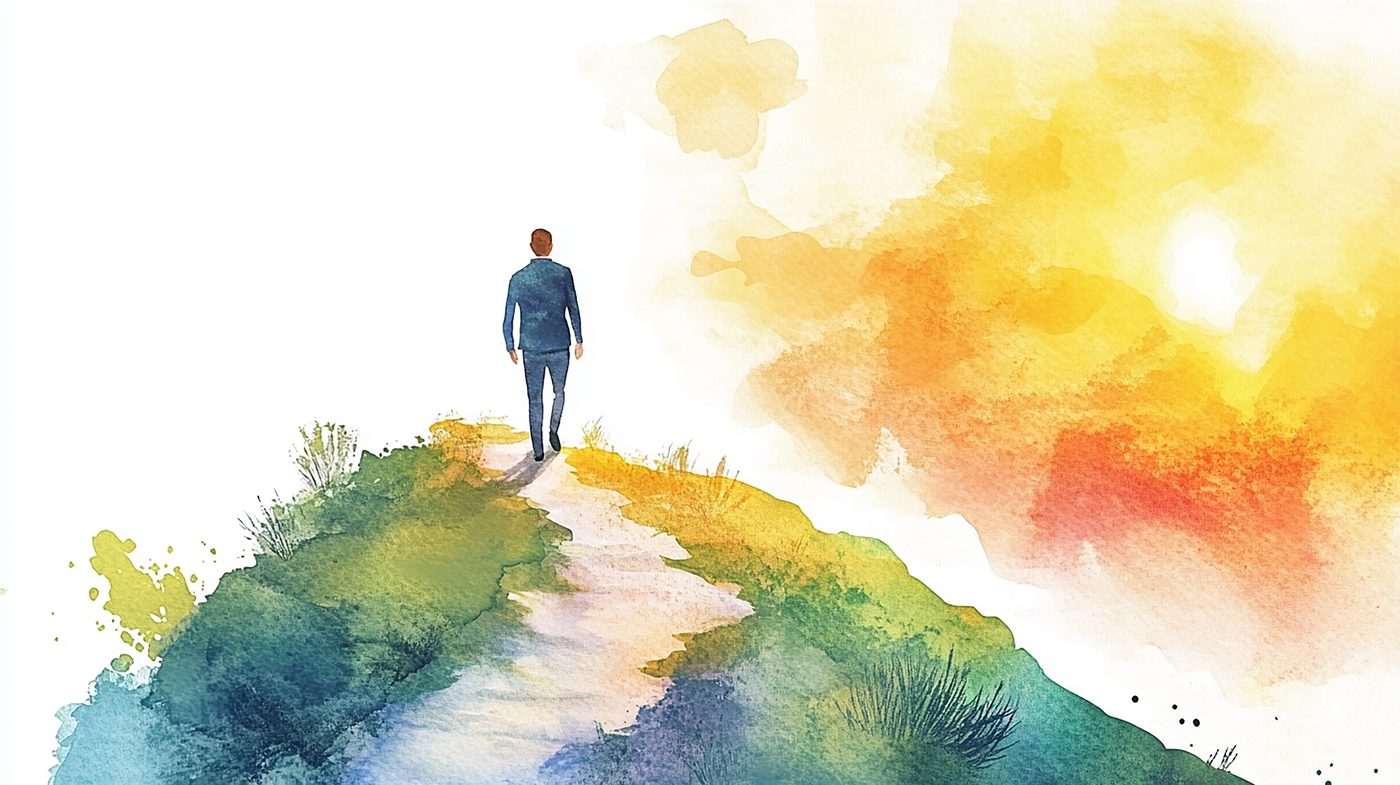 A person walking a winding path along a hilltop toward a bright sunrise.