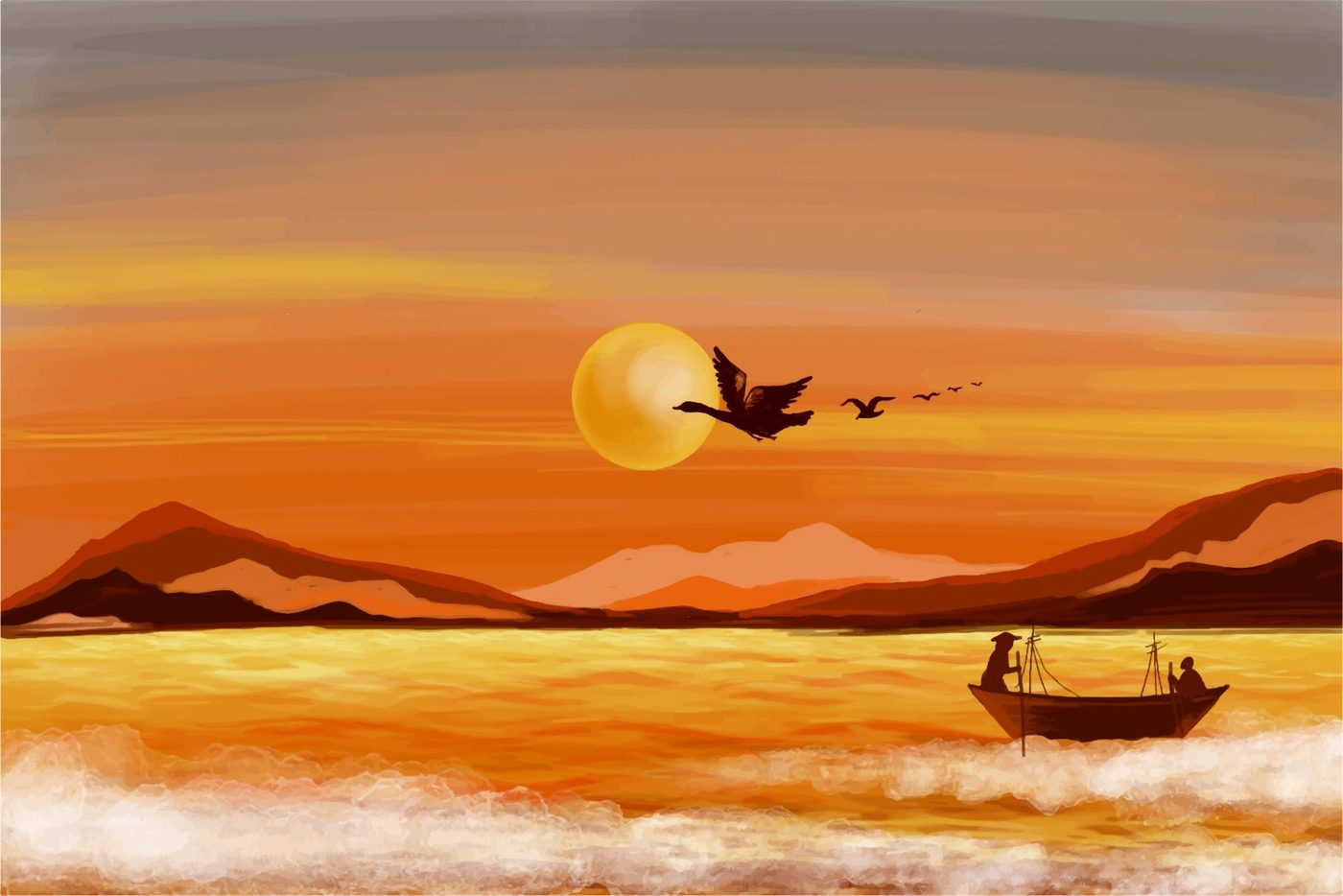 A glowing sunset over the sea, with geese in flight and a small fishing boat on the waves.