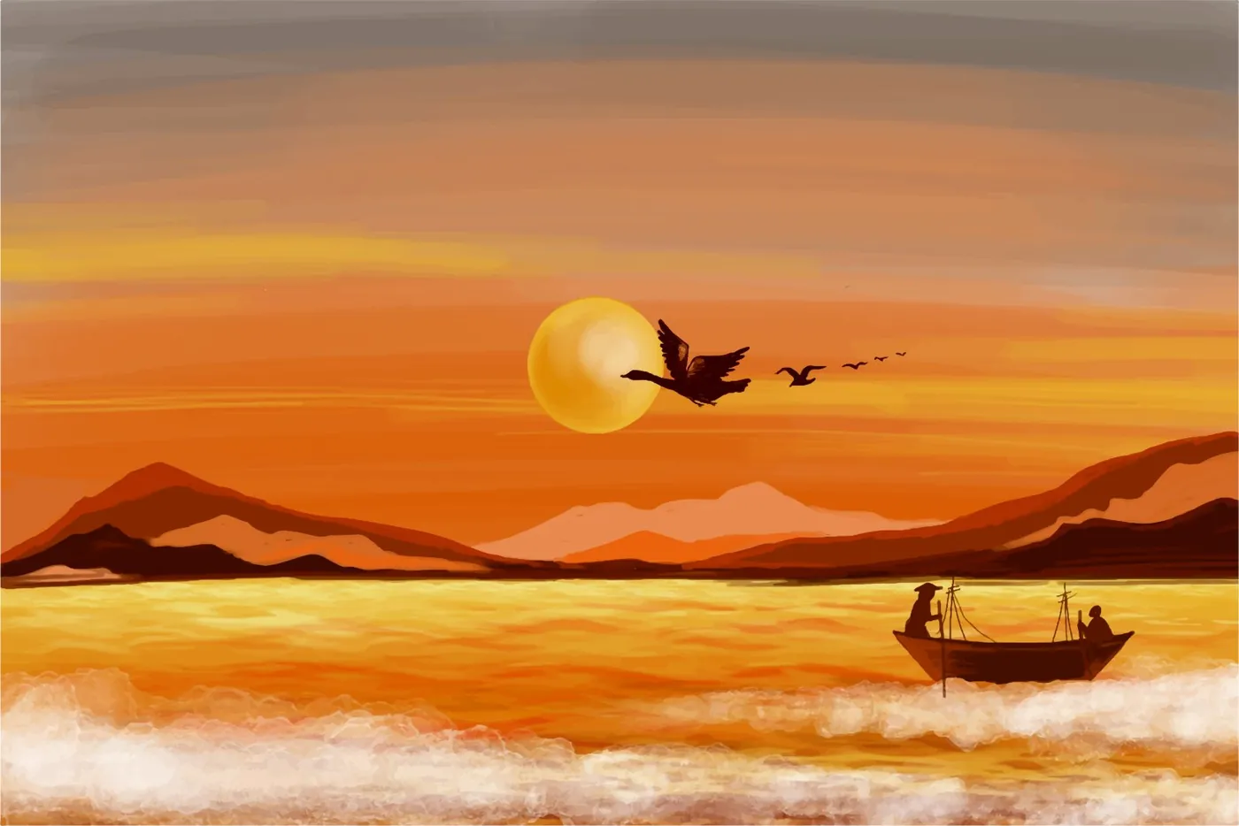 A glowing sunset over the sea, with geese in flight and a small fishing boat on the waves.