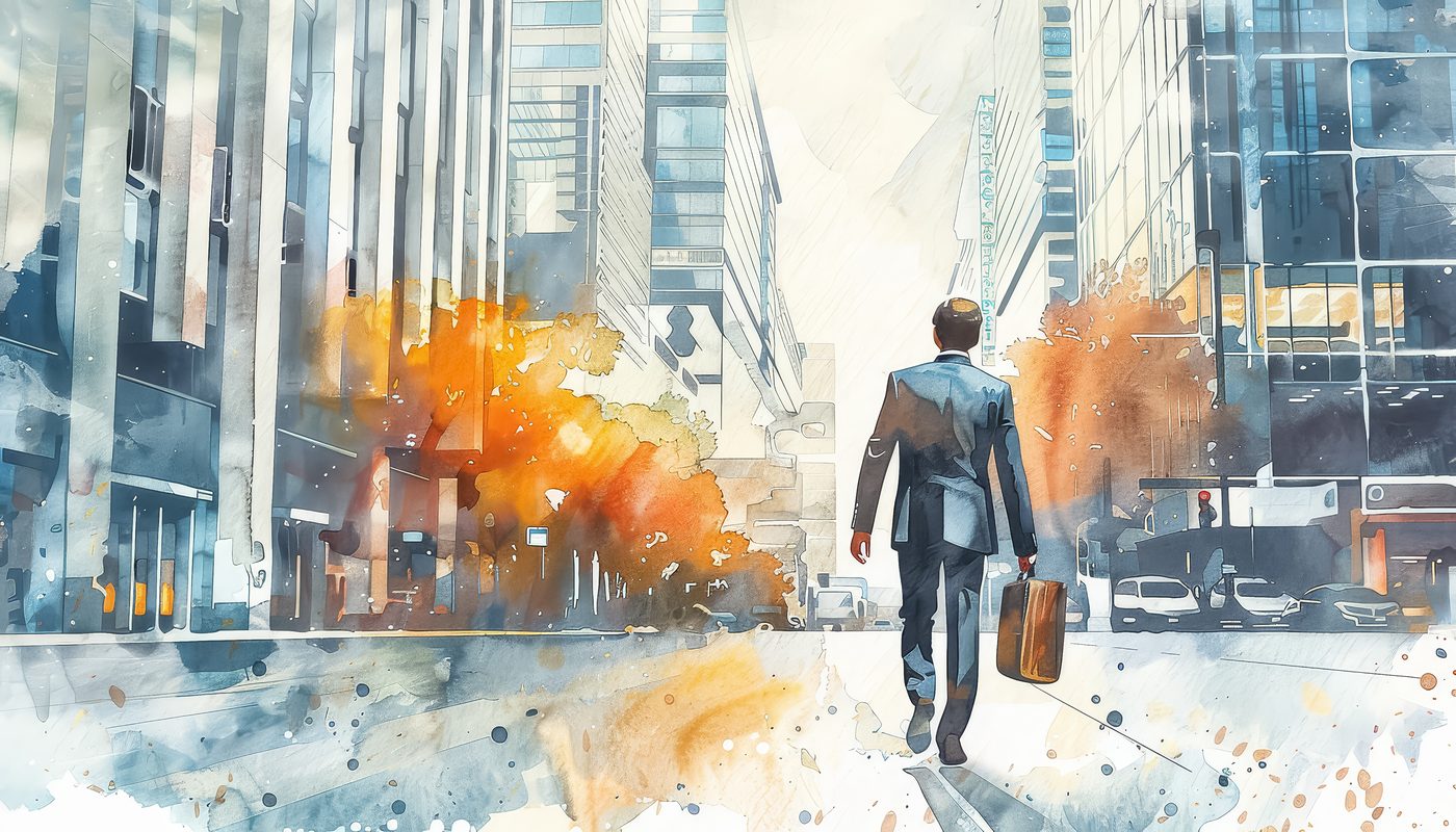 A watercolour illustration of a businessman with a briefcase walking away down a city street.