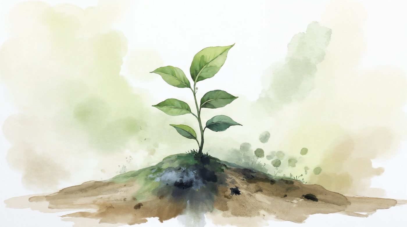 A single green seedling rising from a mound of dark soil against a soft watercolour sky.