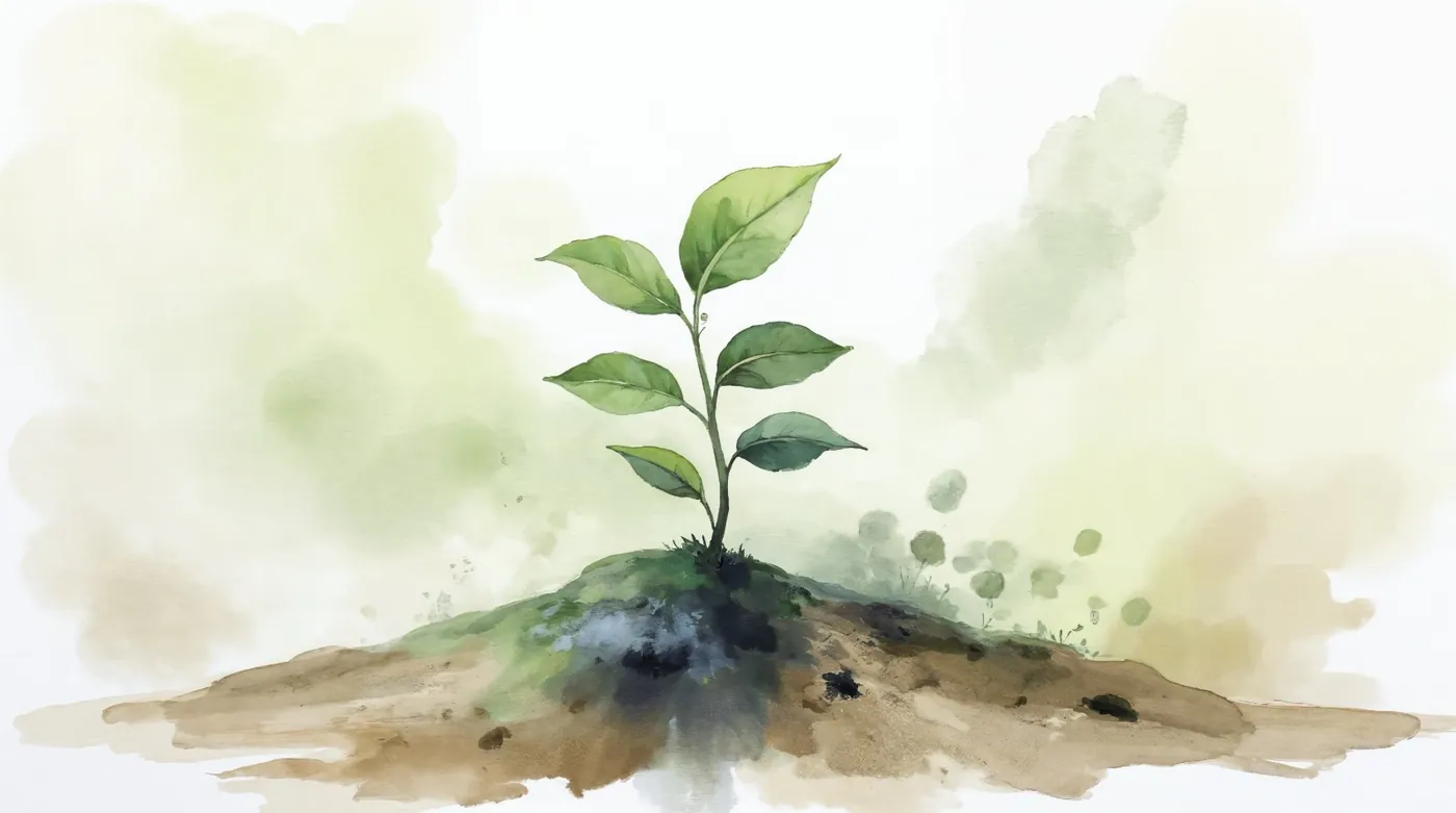 A single green seedling rising from a mound of dark soil against a soft watercolour sky.
