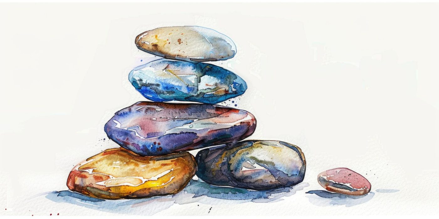 A watercolour illustration of a balanced stack of smooth stones.
