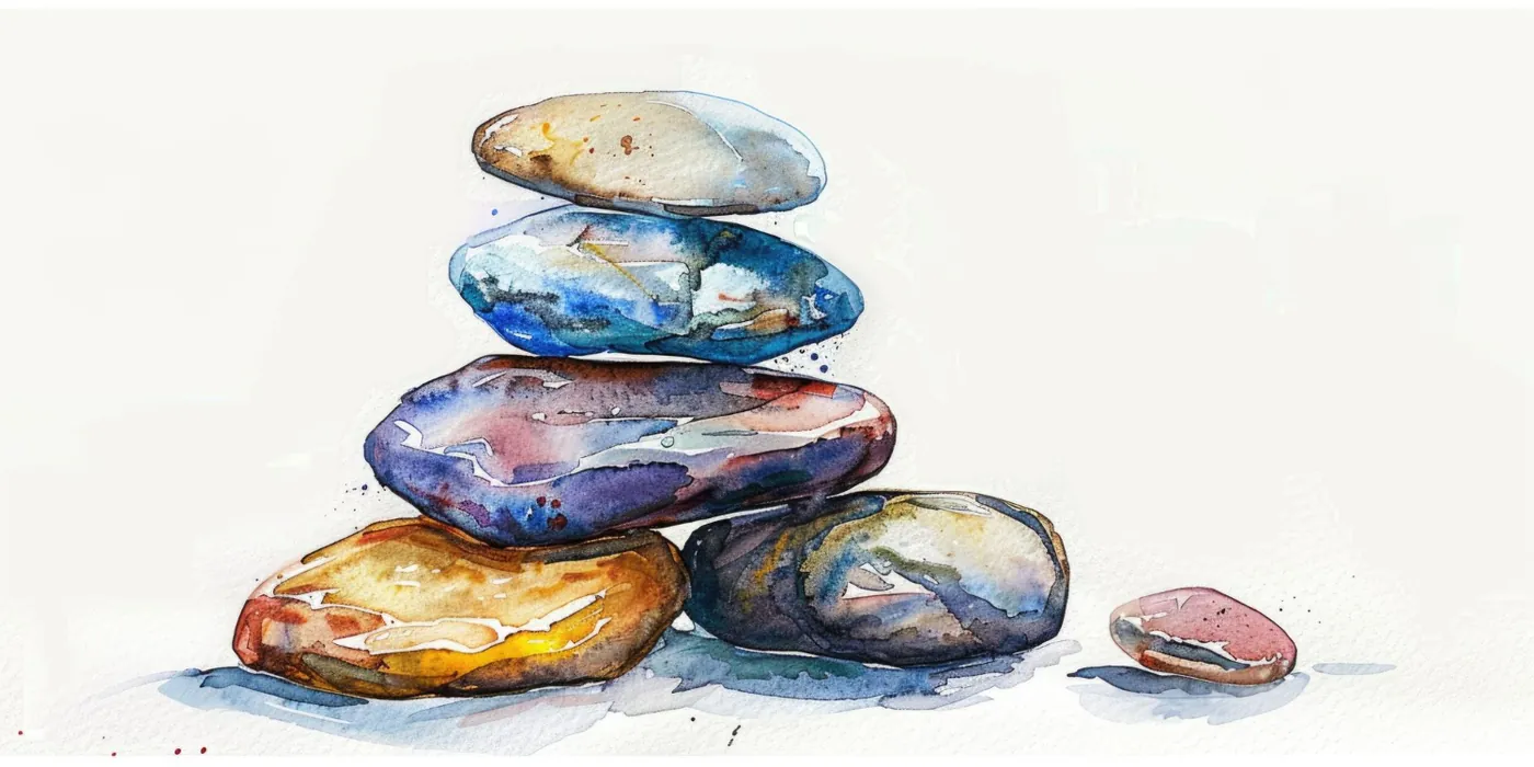 A watercolour illustration of a balanced stack of smooth stones.