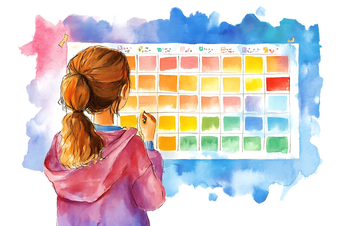 A watercolour illustration of a person filling in a colourful habit-tracker grid on the wall.