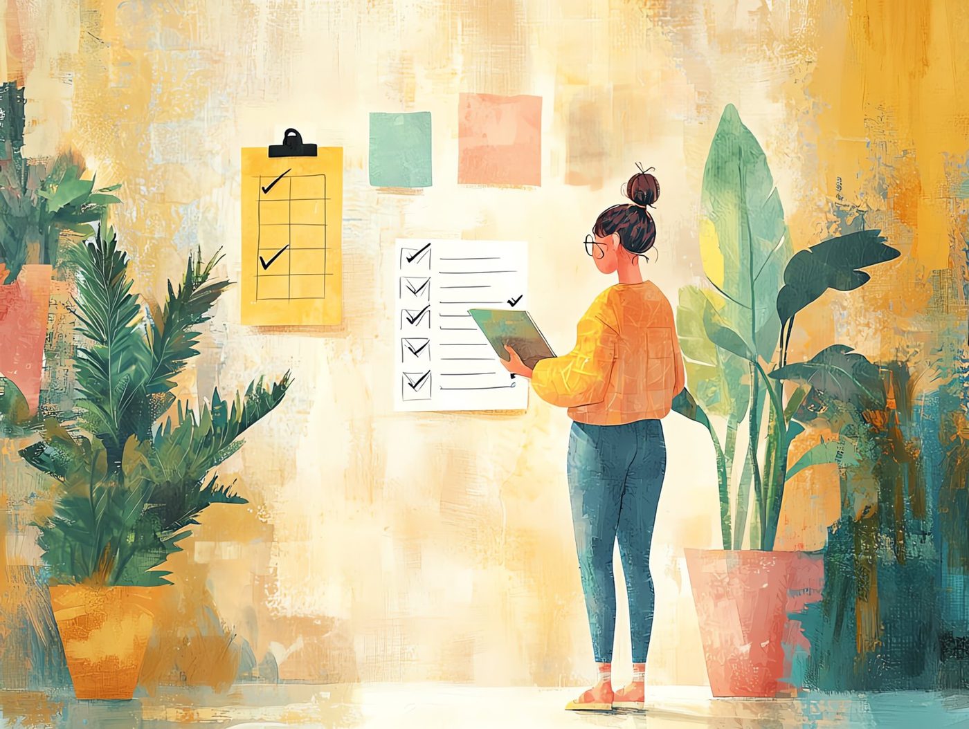 A watercolour of a person ticking off checklists on a sunlit, plant-filled wall.