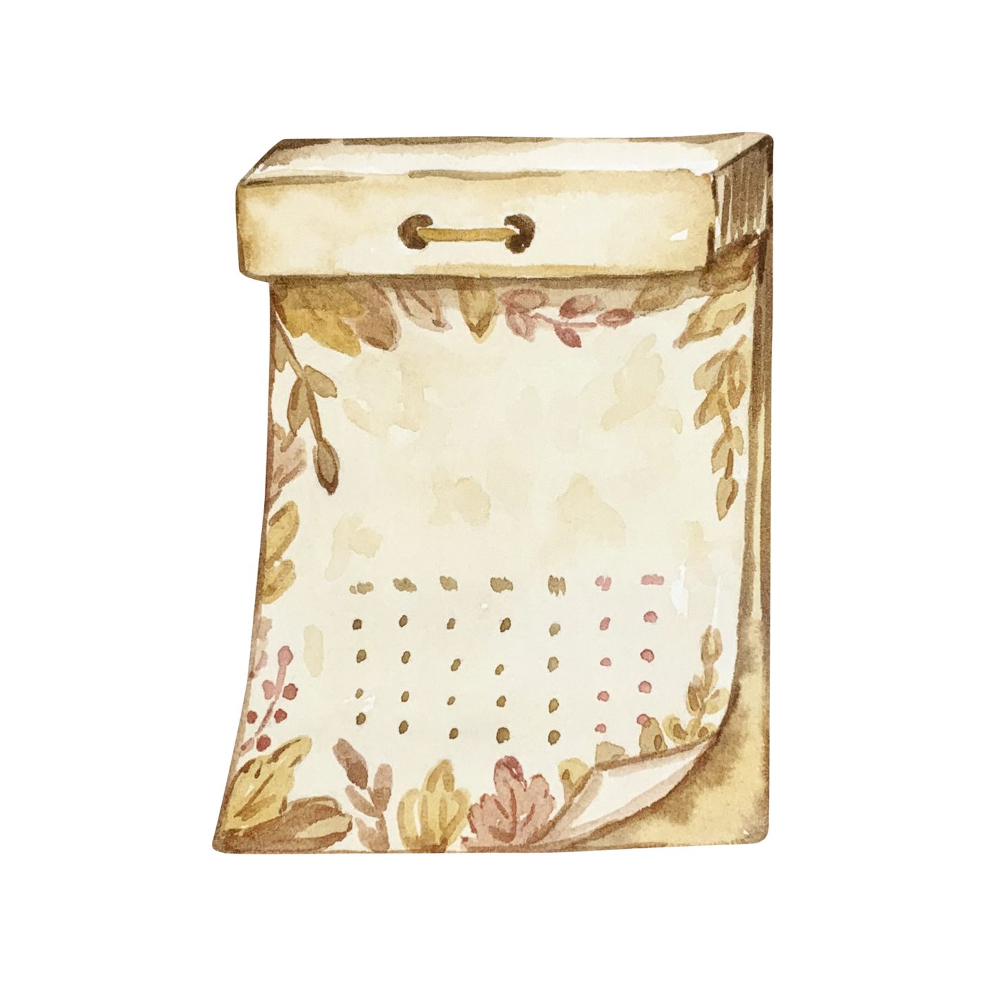 A watercolour illustration of a torn calendar page with floral border.