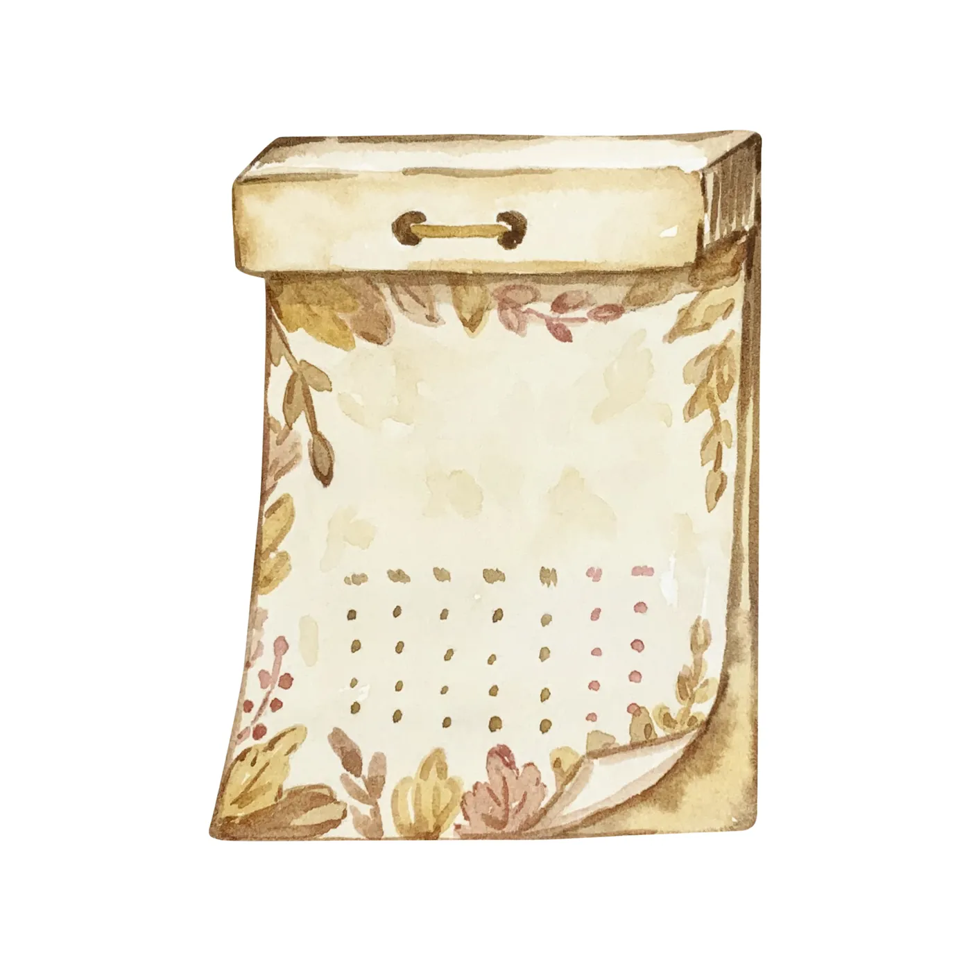 A watercolour illustration of a torn calendar page with floral border.