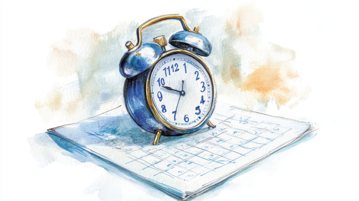 A watercolour illustration of an alarm clock sitting on an open planner.
