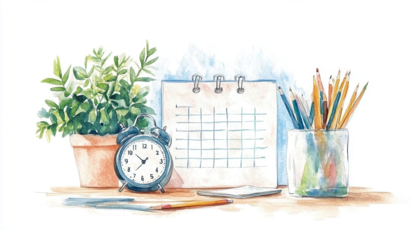 A watercolour desk with an alarm clock, a blank wall calendar, a potted plant and a jar of pencils.