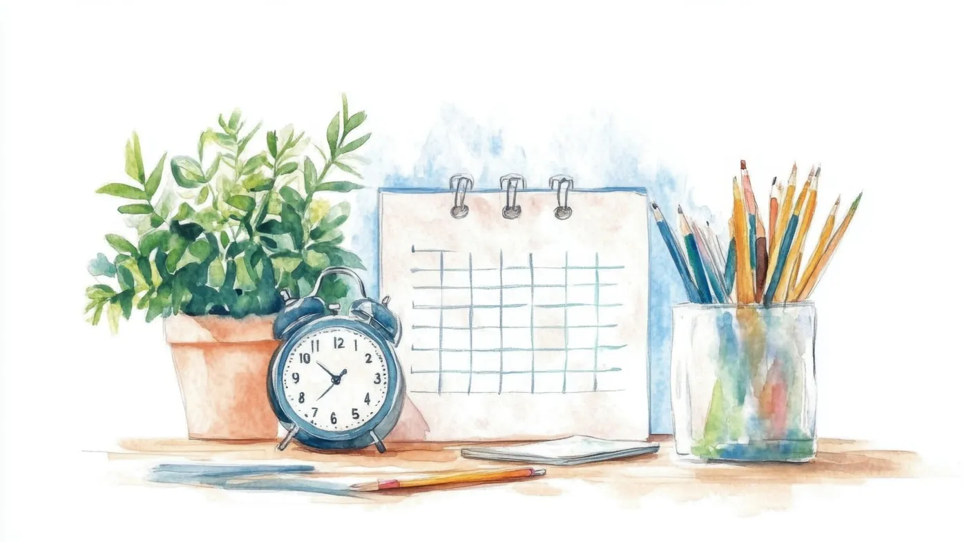 A watercolour desk with an alarm clock, a blank wall calendar, a potted plant and a jar of pencils.