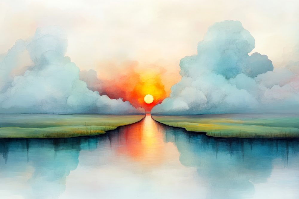 A watercolour illustration of a path across water leading toward a sunrise.
