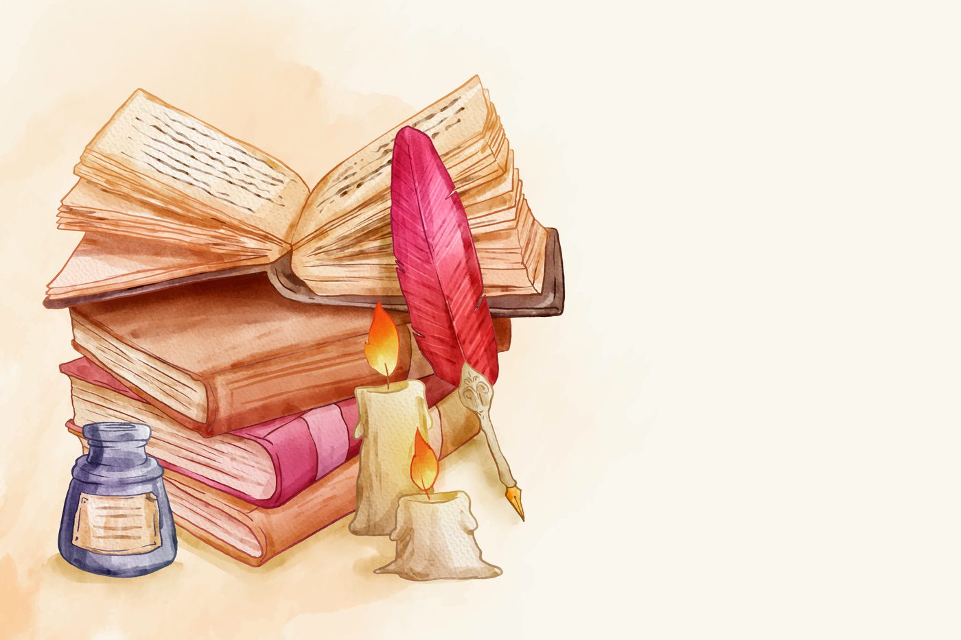 A watercolour illustration of an old stack of books, a quill and lit candles.