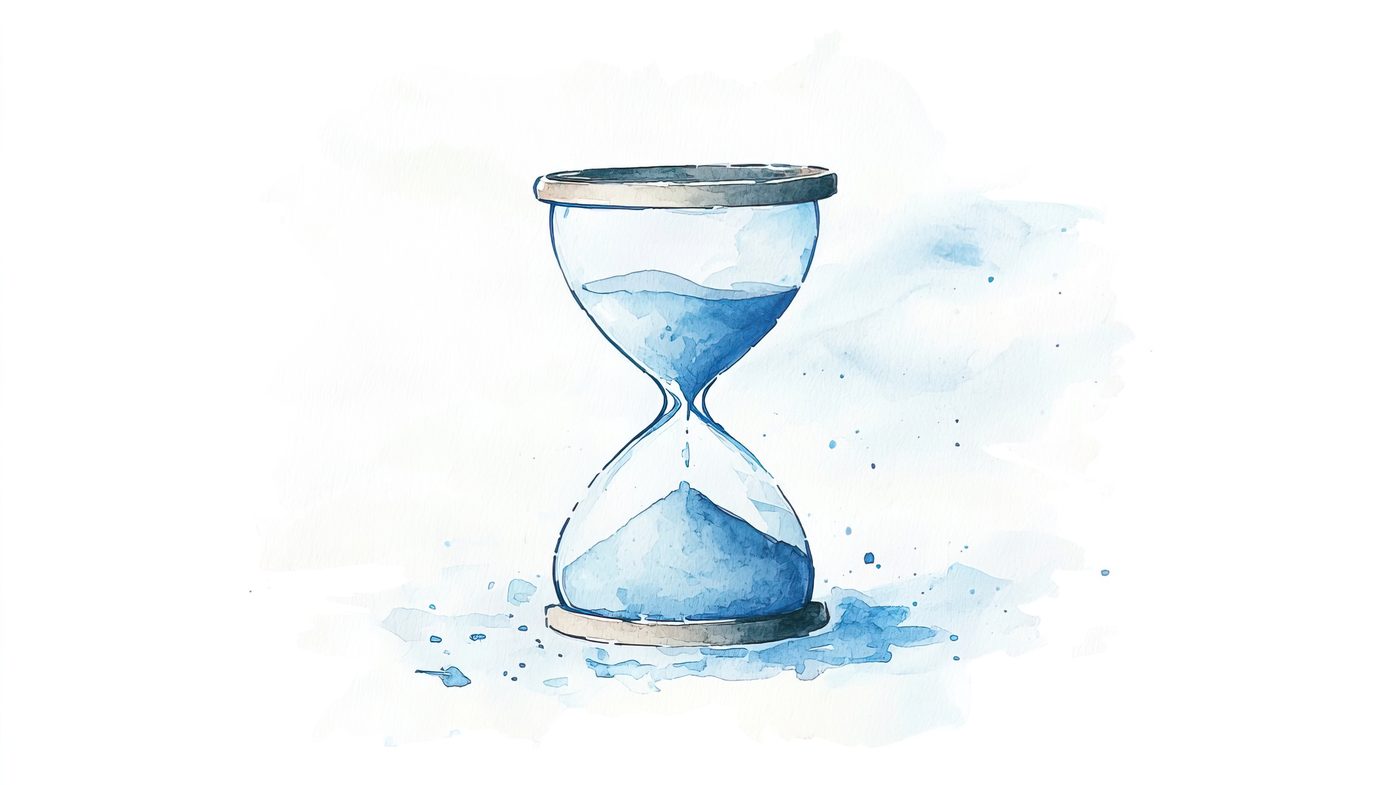 A watercolour illustration of an hourglass with sand running low.