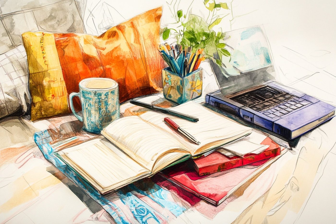 A sketch of an open journal, a coffee mug, a jar of pencils and a laptop on a cosy bed.
