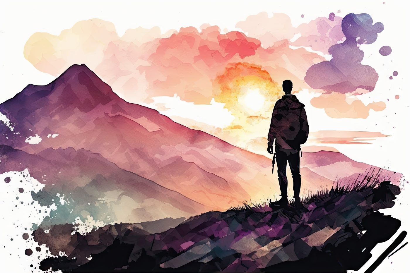 A watercolour illustration of a silhouetted figure looking out at a mountain sunset.